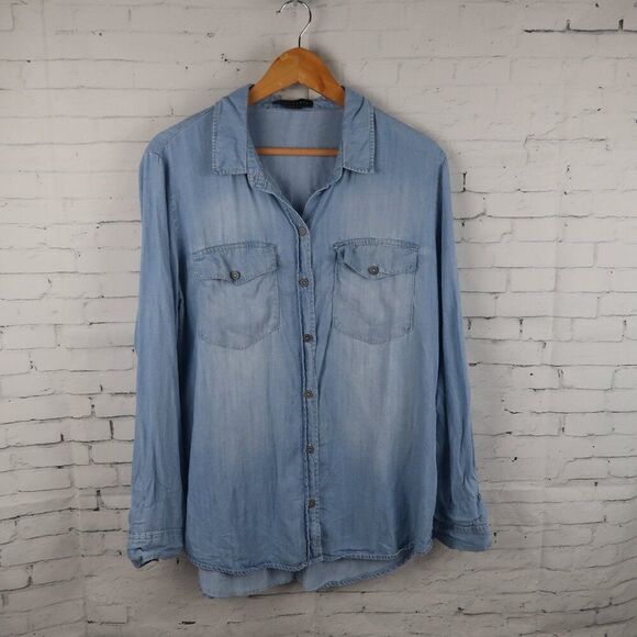 SANCTUARY LIGHT BLUE DENIM LONE SLEEVE BUTTON DOWN CASUAL TOP SIZE SMALL - Picture 1 of 7